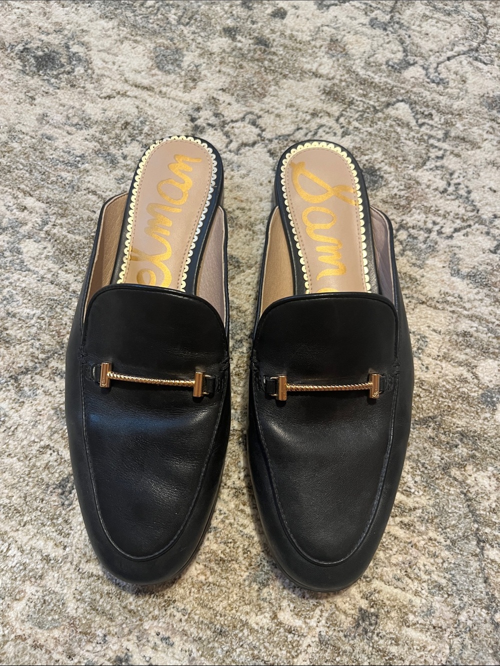 Sam Edelman Black Leather Slip-On Mule Loafers with Gold Bit